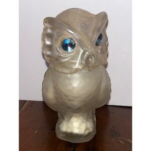 Avon Baby Powder Container Frosted Glass Owl Blue Eyes Vintage Collectible 4.5in